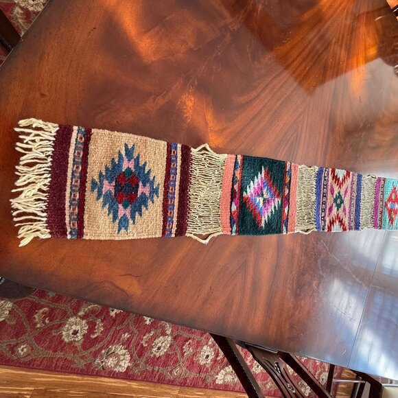 Zapotec 7 Panel Table Runner Mexican 79 "x 7"  Wool Hand Woven Folk Art Fringe - Picture 3 of 16